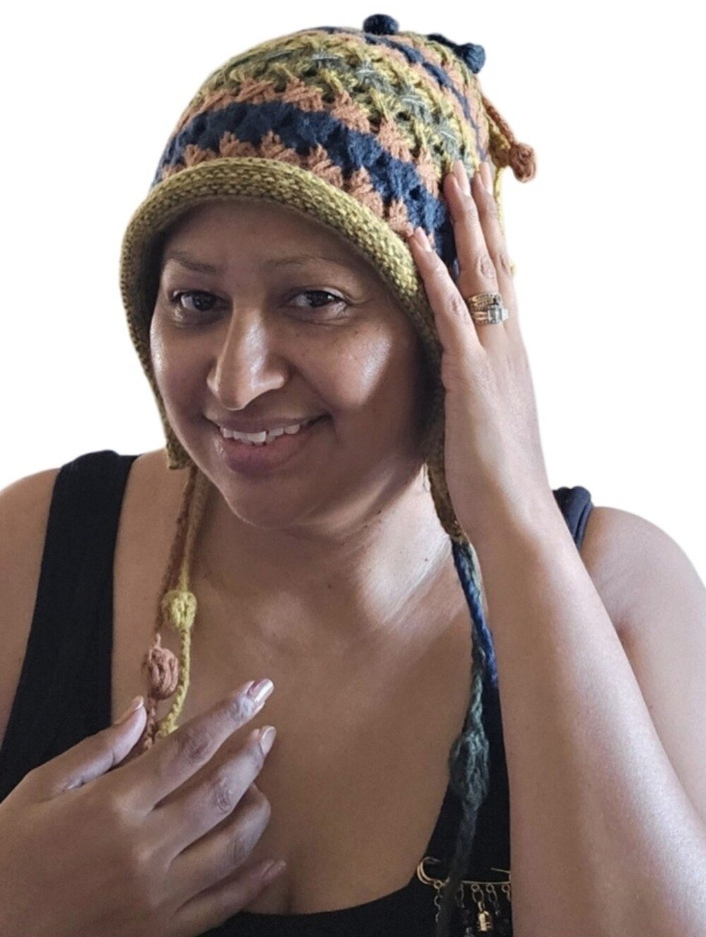 Handmade Crochet Knit Beanie Hat Boho Wearable Art Navy Olive Brown Fall Winter